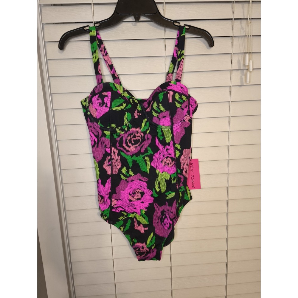 Betsey Johnson Black Floral One-Piece Swimsuit with Pink & Green Roses